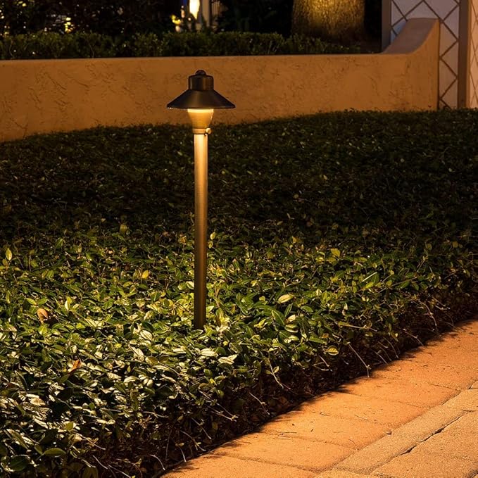 VOLT Flat Hat 12V Brass Path Light (5" Shade, 25" Tall) with 3W 2700K Warm White G4 LED Bulb for Low Voltage Landscape Lighting on Outdoor Pathway, Walkway, Garden, Driveway or Patio