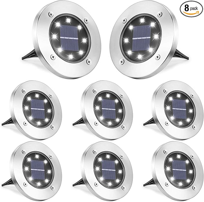 LYHOPE Solar Ground Lights Outdoor, 8 Pack 8 LED Solar Disk Lights Waterproof Garden In-ground Pathway Light | Lumora
