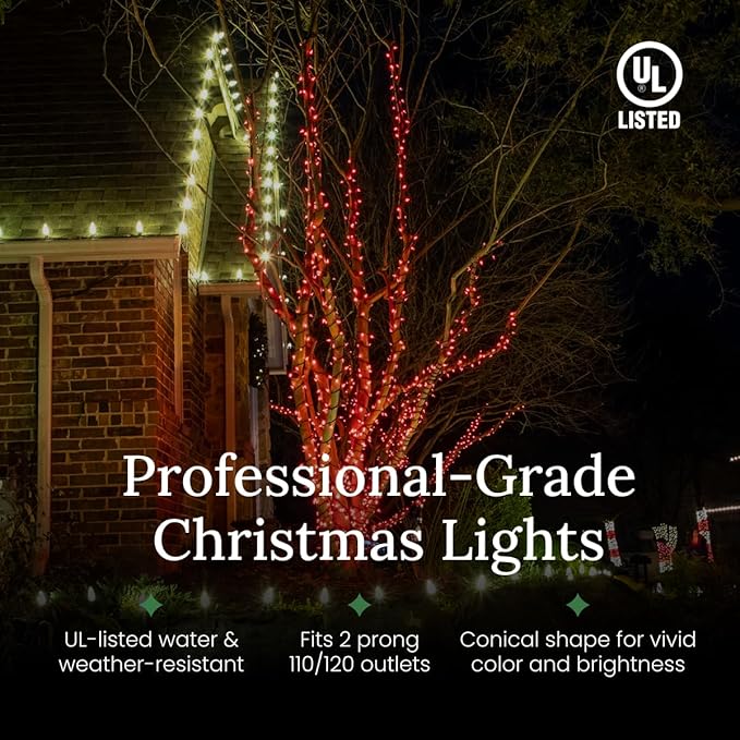 Pro Christmas LED Christmas Lights – 70 Count Wide Angle Conical String Lights – Professional Grade Indoor/Outdoor | Lumora
