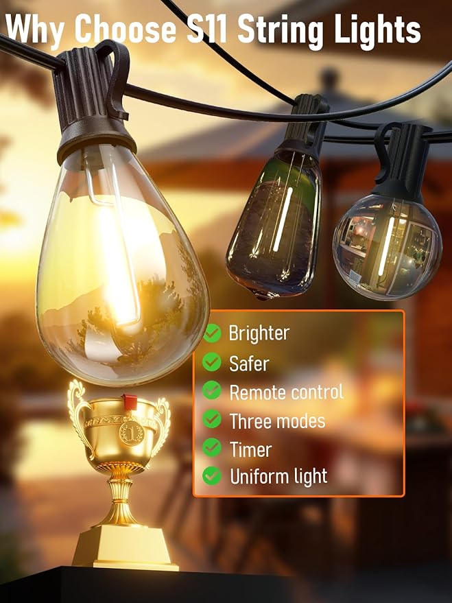 luckystyle 15FT LED Outdoor String Lights with Remote, 6+1 Shatterproof Bulbs Waterproof and Dimmable Patio Lights for Porch, Garden, Backyard, Deck, Balcony, 2700K Hanging Lighting