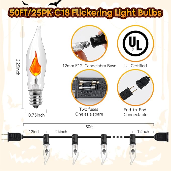 50Ft Extra-Long Fall & Halloween String Lights,25 C18 Flicker Flame Bulbs for Outdoor Decor,Waterproof & | Lumora