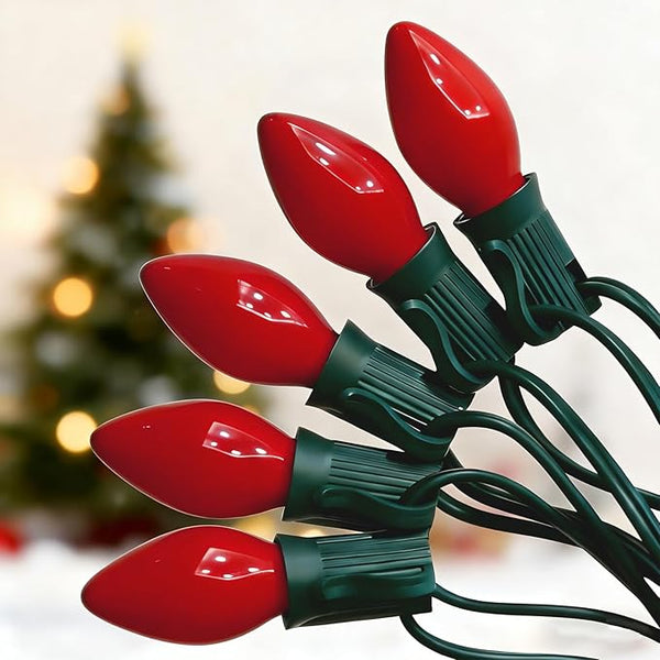 25Ft C7 Red Christmas Lights, C7 Vintage Christmas String Lights with 27 Red Ceramic Bulbs,Roofline Light String | Lumora