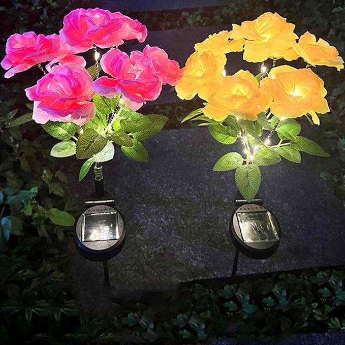 Aolyty Solar Garden Lights, 2 Pack Solar Rose Lights with 14 Rose Flowers, IP65 Waterproof LED Landscape Light Warm Light for Garden Patio Yard Pathway Valentines Day Outdoor Decorative (Pink)