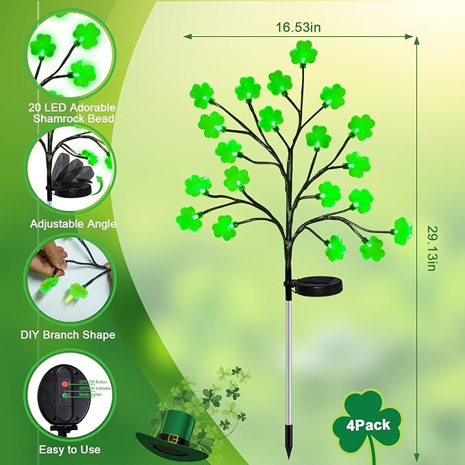 4 Pack St Patricks Day Solar Outdoor Lights, 80 LED St Patricks Day Decorations, Solar Shamrock Stakes Lights with | Lumora