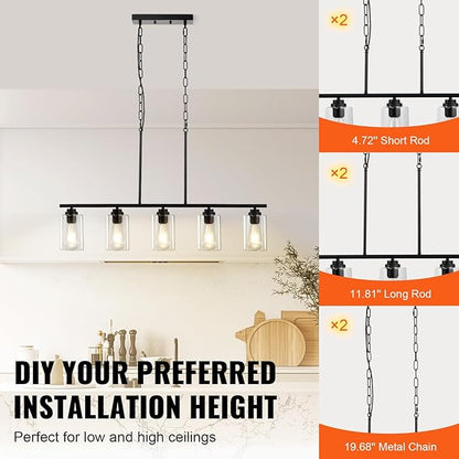 VEVOR 5-Light Kitchen Island Pendant Lights, 60W, Adjustable Dining Room Light Fixture with Clear Glass Lampshade 4 Rods 2 Metal Chains, Metal Frame Farmhouse Linear Chandeliers for Dining Room, E26