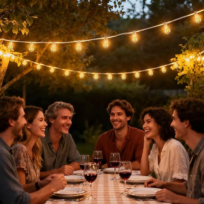String Lights, 100FT Patio Lights with 64+5 Bulbs(1.5FT Bulbs Spacing), Outdoor String Lights, Remote & Dimmer, 3 Mode Light & Timing, 65PC Mounting Ties for Outside, 2200K (White)