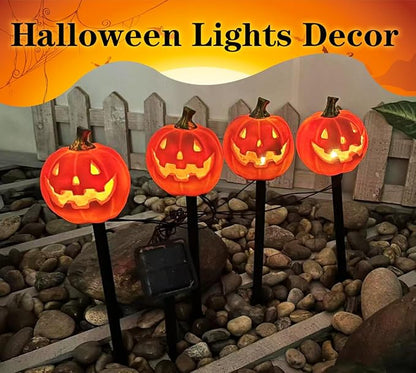 4 Pack Halloween Pumpkin Pathway Solar Lights, Orange Yard Stake String Lights Halloween Outdoor Decorations, Waterproof LED Pumpkin Halloween Décor Walkway Lights