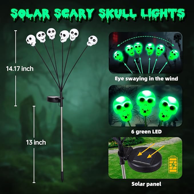 Halloween Solar Pathway Lights 2PK 12 LEDs Solar Outdoor Garden Stake Lights,Waterproof Pathway Light for Halloween Party Home Yard Patio Decorations Skull