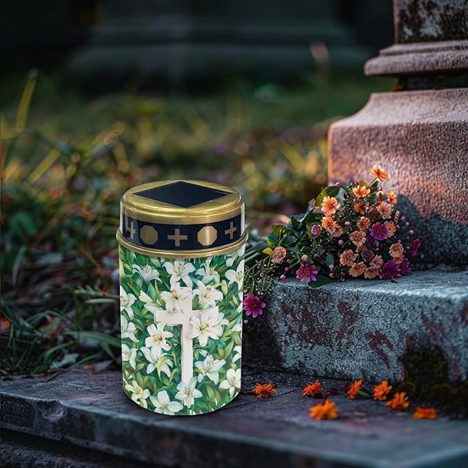 Cross Lily Print Cemetery Solar Lights Solar Garden Stake Lights Outdoor Stake Metal Lights Waterproof for Garden Lawn Patio or Courtyard