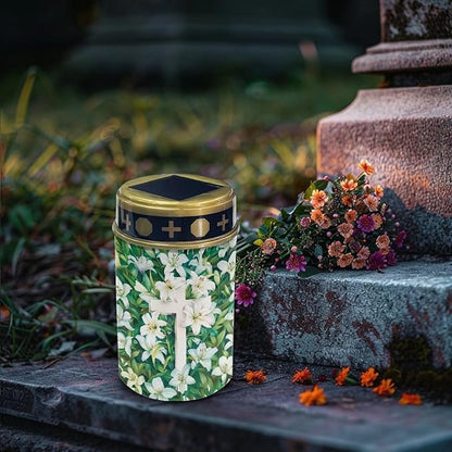 Cross Lily Print Cemetery Solar Lights Solar Garden Stake Lights Outdoor Stake Metal Lights Waterproof for Garden Lawn Patio or Courtyard