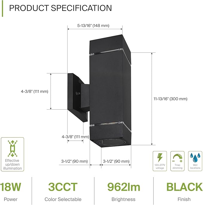 ASD 2 Light Square LED Indoor & Outdoor Wall Light Fixture | 18W 1180LM 3000K-5000K 100-277V Cylinder Up Down Lights | Dimmable Front Door, Porch, Patio Exterior Wall Sconce | Ringed Black, ETL