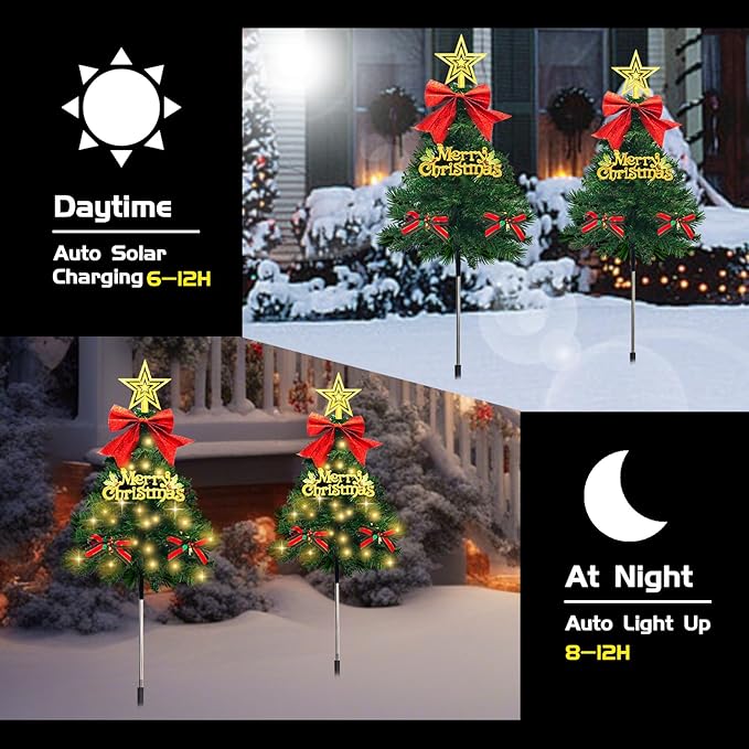 4 Pack Christmas Tree Solar Pathway Lights Outdoor Decorations, Waterproof Artificial Mini Xmas Tree Stake Lights with DIY Ornamets for Garden Yard Porch Decor (Green Tree)