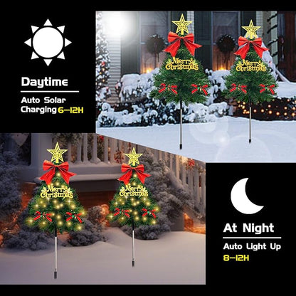 4 Pack Christmas Tree Solar Pathway Lights Outdoor Decorations, Waterproof Artificial Mini Xmas Tree Stake Lights with DIY Ornamets for Garden Yard Porch Decor (Green Tree)
