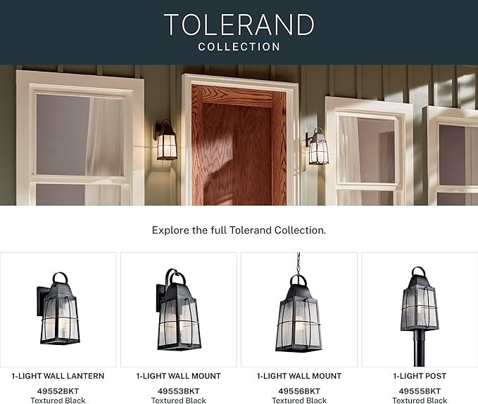 Kichler Tolerand 17.75"" Outdoor Wall Light in Textured Black, 1-Light Exterior Wall Sconce Porch Light with Clear Seeded Glass, (17.75" H x 7.75" W), 49553BKT