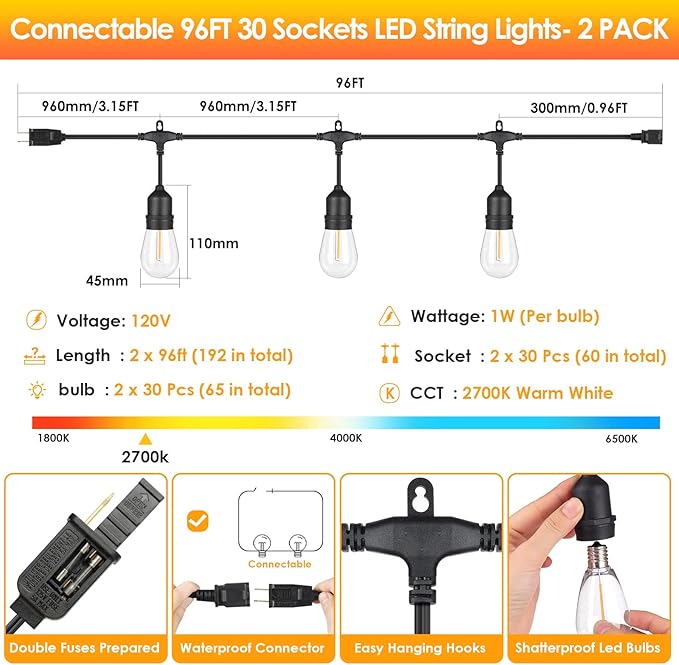 Mlambert 2 Pack 96FT Outdoor String Lights with 60+5 LED Vintage 2700K Bulbs, Dimmable Waterproof Lights for Patio Balcony-192FT in Total-Black Cord