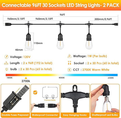 Mlambert 2 Pack 96FT Outdoor String Lights with 60+5 LED Vintage 2700K Bulbs, Dimmable Waterproof Lights for Patio Balcony-192FT in Total-Black Cord