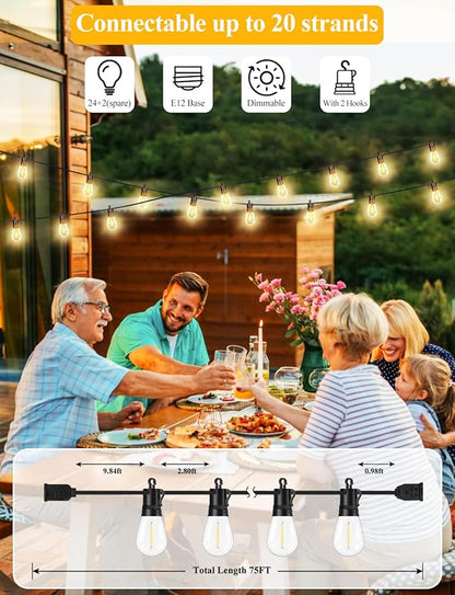 Brightever LED Outdoor String Lights, 75FT Patio Lights with 26 S14 Shatterproof LED Bulbs, Commercial Grade Waterproof String Lights for Outside, 2700K Dimmable Outdoor Lighting for Patio, Camping