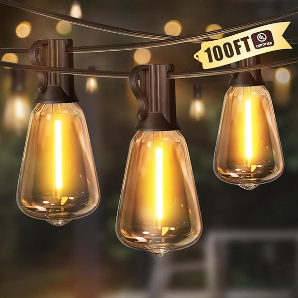 LAMPHOME LED Outdoor String Lights 100FT Patio Lights with 52 Shatterproof ST38 Vintage Edison Bulbs, Outside | Lumora