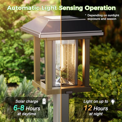 XMCOSY+ 4-Pack Solar Pathway Lights Outdoor, 25 Lumens Vintage Edison LED Landscape Lighting, IP65 Waterproof Seeded Glass & Metal Stakes Solar Powered Garden Lights for Yard Patio Walkway Driveway