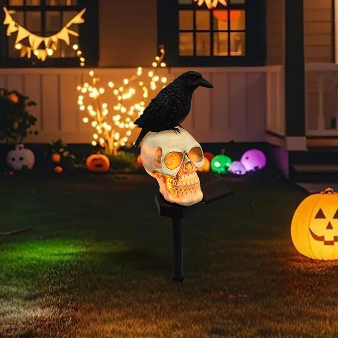 Halloween Skull Lights Crow on Skull Solar Pathway Lights Waterproof Scary Skeleton LED Outdoor Decorations, Realistic Resin Material for Patio Lawn Yard Garden Home Halloween Party (A)