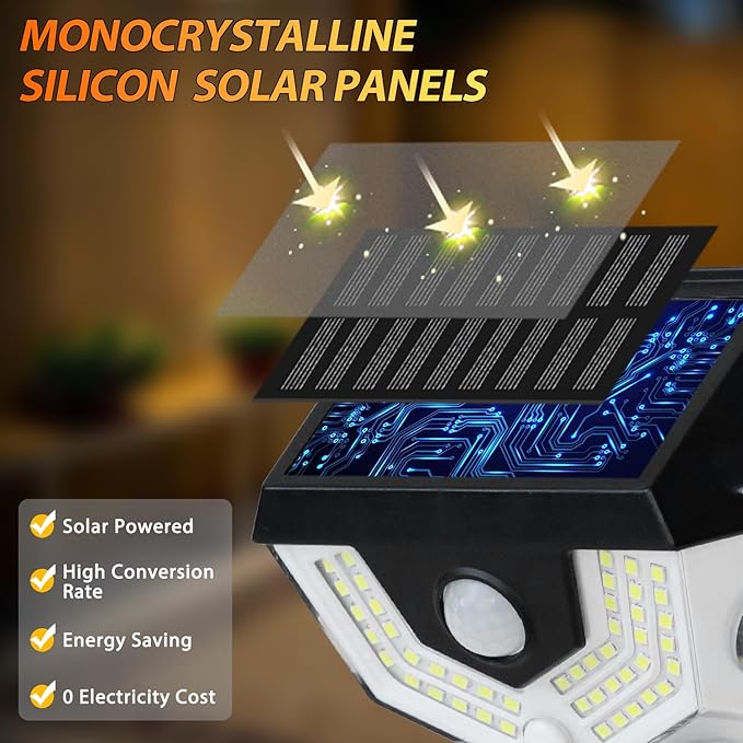 2-in-1 Solar Motion Lights, 270° Wide Angle Illumination Fence Lights, 3 Modes, 54LEDs White Light & 4LEDs Warm Light, IP64 Waterproof, Outdoor Wall Light for Pathway, Yard, Garden, 4 Pack