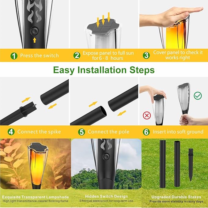 AVEKI Solar Torch Lights Outdoor, 2 Pack Flickering Flame Lights with Adjustable Height Extension Rod, Waterproof Outdoor Decorative Pathway Light for Garden Yard Lawn Patio (Black-2 Pack)