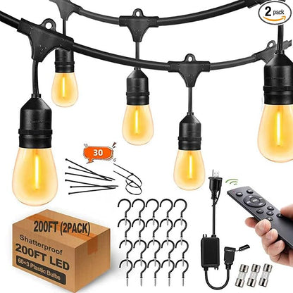 Remote Control Outdoor String Lights 200FT for Outside Patio Lights Waterproof with 63 Replaceable S14 Bulbs for Bistro Pergola Porch Backyard Dimmable, 2200K, Linkable, Hooks, Zip Ties included