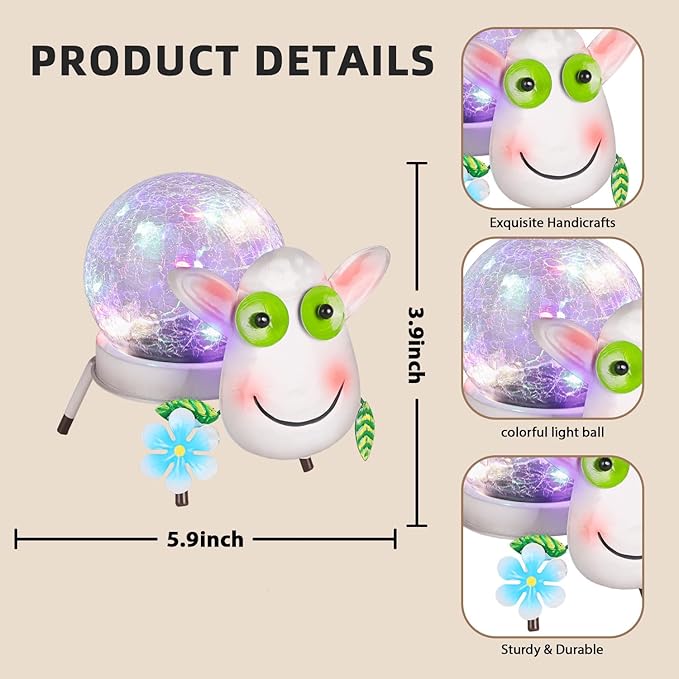 Solar Lights Outdoor Sheep Decor with Crackle Glass Globe Lights - Cute Metal Sheep Decor for Yard Lawn Patio Porch Pathway Tabletop, Housewarming Gifts for Mom Women
