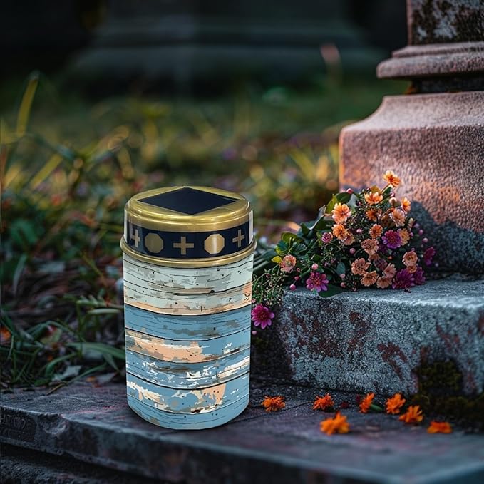 Blue Wood Grain Cemetery Lights - Solar-Powered Outdoor Pathway Lights for Gravesite, Driveway, Landscape - Waterproof, Flameless