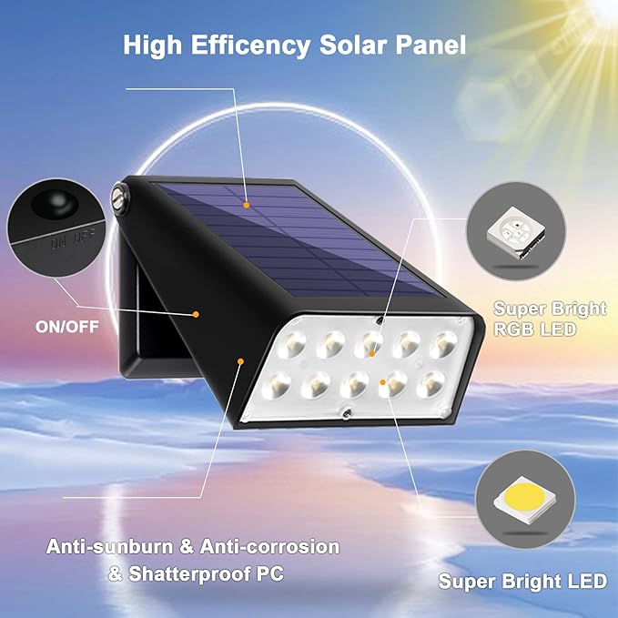 4 Pack Solar Fence Lights Outdoor, RGBW Halloween/Christmas Solar Lights 90°Adjustable Waterproof Up and Down Lighting Solar Powered for Garden/Pool/Patio/Wall.