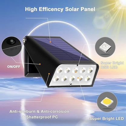 4 Pack Solar Fence Lights Outdoor, RGBW Halloween/Christmas Solar Lights 90°Adjustable Waterproof Up and Down Lighting Solar Powered for Garden/Pool/Patio/Wall.