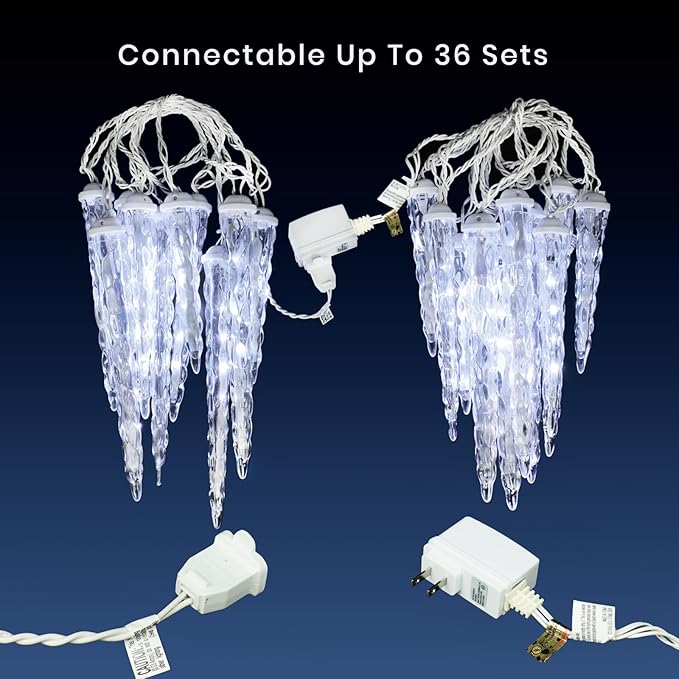 Meteor Shower Christmas Lights for Outside 61 LED 10.5 ft 10 Pieces Crystal Snow Falling Icicle Cascading Outdoor Cool White Wire connectable Waterproof Indoor for Garden Xmas Tree Wedding Decoration
