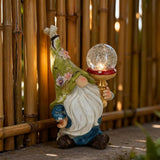 Garden Gnome Solar Light Statue - Outdoor Decorative Figurine with Crackle Glass Globe, Blue & White Floral Design | Lumora