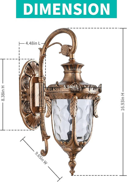 LONEDRUID Outdoor Wall Light Fixtures Bronze 16.93”H Exterior Wall Lantern Waterproof Sconce Porch Lights Wall Mount with Hammered Glass Shade for House