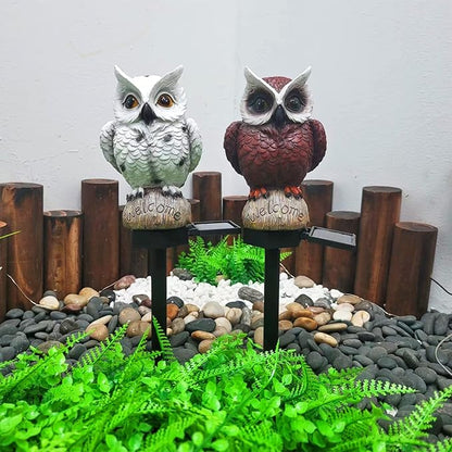 Owl Solar Garden Stake Lights, 2 Pack Owl Outdoor Path Solar Powered Owl Stake Lights for Walkway Yard Lawn Landscape Lighting (White&Brown)