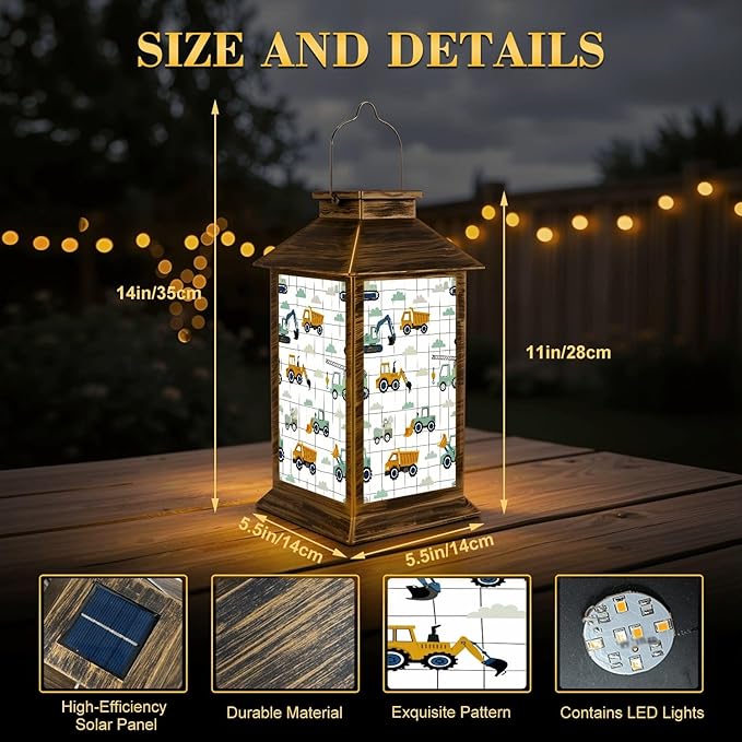 Solar Lantern Outdoor Waterproof Hand Drawn Cute Cars Truck Tractor Cargo Crane Bulldozer Excavator Garden Decor LED Solar Lights Hanging/Tabletop Lamp Gifts for Women Mom for Outside Yard Patio
