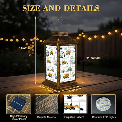 Solar Lantern Outdoor Waterproof Hand Drawn Cute Cars Truck Tractor Cargo Crane Bulldozer Excavator Garden Decor LED Solar Lights Hanging/Tabletop Lamp Gifts for Women Mom for Outside Yard Patio
