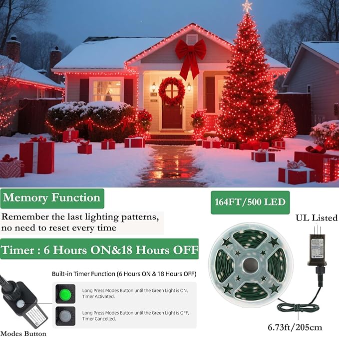 Tcamp 164FT 500 LED Red Christmas Lights, 8 Modes Christmas Tree Lights with Timer Memory Function, Green Wire Starry Fairy String Light for Xmas Tree Outdoor Indoor Decor