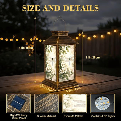 Solar Lantern Outdoor Waterproof Vintage Dragonfly Botanical Retro Dragon Fly Leaves White Flowers Garden Decor LED Solar Lights Hanging/Tabletop Lamp Gifts for Women Mom for Outside Yard Patio