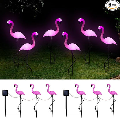 Solar Flamingo Light 6 Pcs, Waterproof Solar Garden Lights Outdoor Decor, Pink Flamingo Garden Decor, Birthday Christmas New Home Gift, for Yard Lawn Walkway Pathway