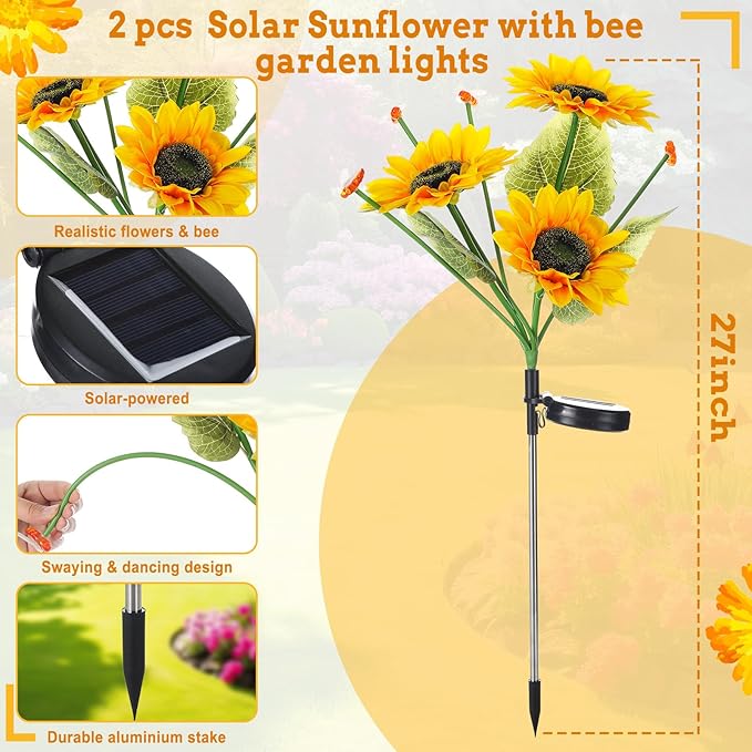 Hortsun 2 Pack Sunflower Bee Solar Lights Outdoor Decor Waterproof Solar Lights with 6 Sunflower and 8 Bee for Yard Front Yard Garden Lawn Patio Outside Decor