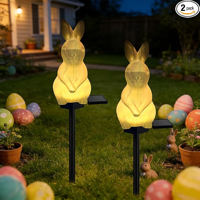 2 Pack Solar Easter Bunny Lights Outdoor, Waterproof Solar Easter Decorations Outdoor Bunny Rabbit Light Easters Yard Stakes Lights for Outside Lawn Walkway Patio (Blending Colors)