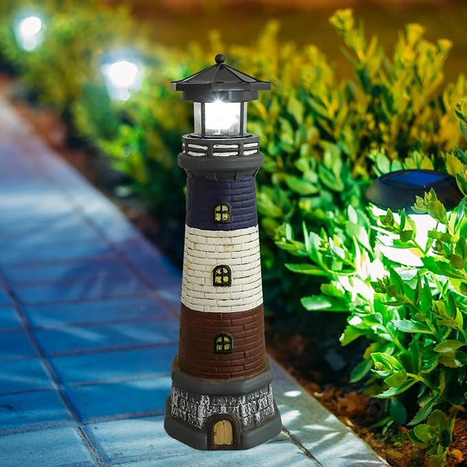 Solar Rotating Lighthouse Outdoor Lantern Garden Decor Resin Street Light - Black