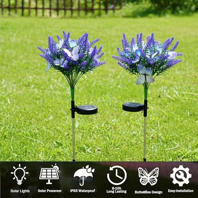 Solar Garden Decor Lights Outdoor, Lavender Butterfly Flower Stakes Light, 2 Pack Waterproof LED Flower Lights, for Garden Pathway Patio Backyard Landscape (Warm White)