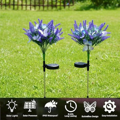 Solar Garden Decor Lights Outdoor, Lavender Butterfly Flower Stakes Light, 2 Pack Waterproof LED Flower Lights, for Garden Pathway Patio Backyard Landscape (Warm White)