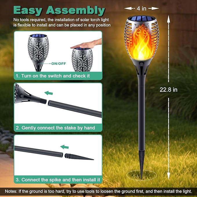 Solar Torch Lights with Flickering Flame, Fire Effect Garden Light, Auto On/Off Dust to Dawn, Outdoor Waterproof Landscape Decoration, Powered Security Light for Patio, 8 Pack