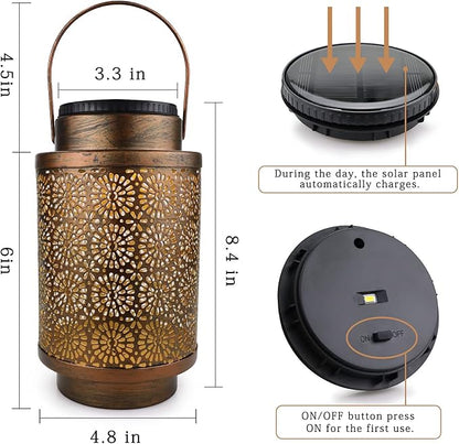 2 Pack Solar Lanterns, Outdoor Waterproof Hanging Led Lanterns, Metal Decorative Garden Lights, Solar Outdoor Lights Decor for Table Patio Yard Pathway, Bronze