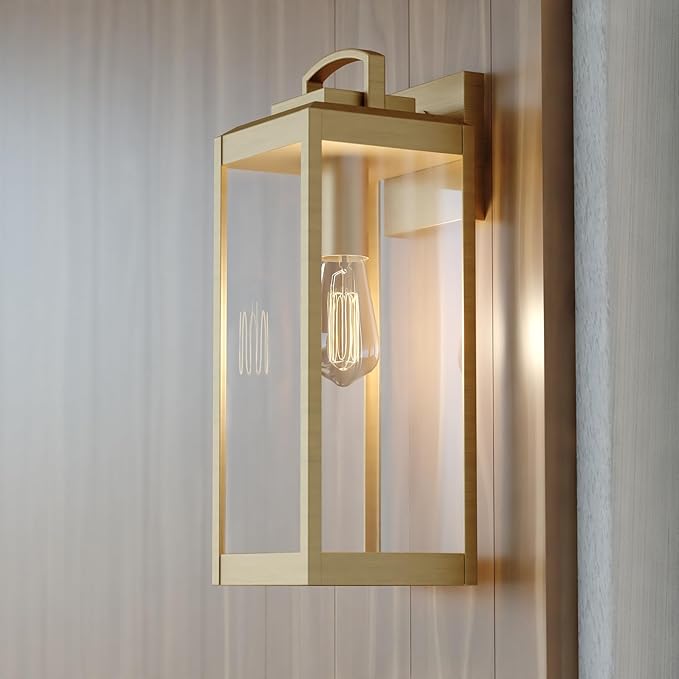VAXCEL Kinzie Outdoor Porch Light, 6" W x 16.75" H Gold Brass Outdoor Lantern, Modern Dusk to Dawn Wall Light for | Lumora