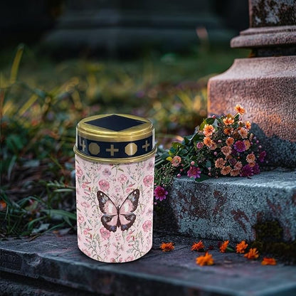 Butterfly Floral Print Solar Cross Lights Cemetery Solar Lights for Grave Decorations Outdoor,Memorial of Mother,Unique Gardening Gifts for Lawn Yard Garden Decor