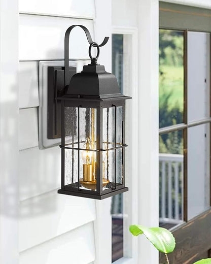 Zeyu Exterior Porch Light Fixtures, 17 inch Outdoor Wall Sconce for House in Black and Gold Finish with Seeded Glass Shade, 20071B2